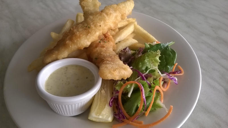 Pieces of breaded fish with French fries and fresh salad on the side with a savory dipping sauce