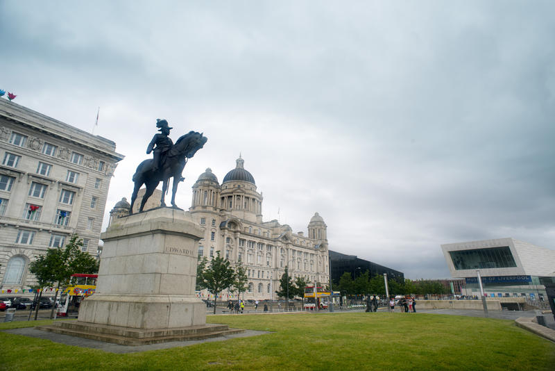 Wide angle distortion view on statue of Edward VII in Liverpool, United Kingdom