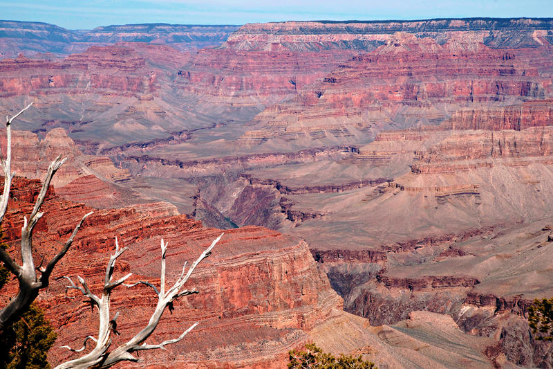 <p>In this view near the Hermits Rest Trail the deep gorges, ridges, striations, cliffs and other multi colored features of the Grand Canyon interior are clearly visible. &nbsp; This photograph was taken along the south rim trail.</p>
