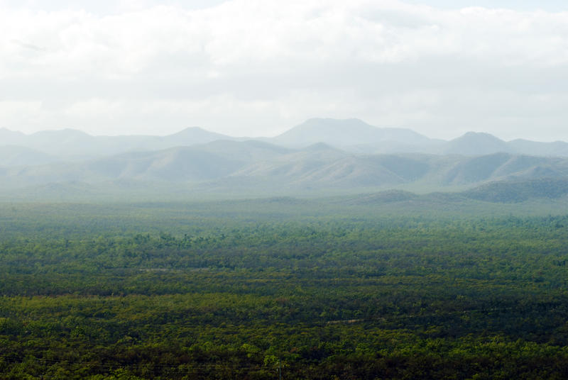 Lush green landscape with a backdrop of hazy mountains through the mist in a concept of nature and weather