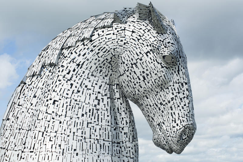 Profile detail of one of the Kelpies, Falkirk, Scotland, a giant horse head erected to commemorate their role in Scottish industry and an iconic landmark in the area