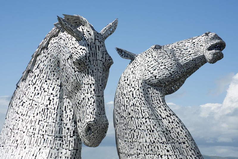 Famous tourist attraction of towering horse head sculptures known as the Kelpies, in Falkirk Scotland