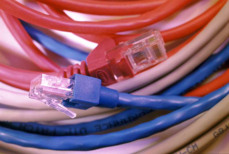 LAN network cables with connectors of blue, red and white colors, close-up full frame image