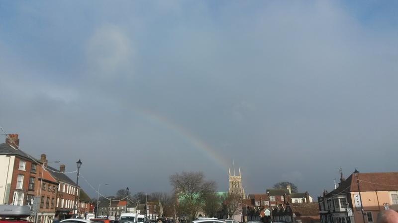 <p>a rainbow strikes the minster February in Great Yarmouth UK</p>