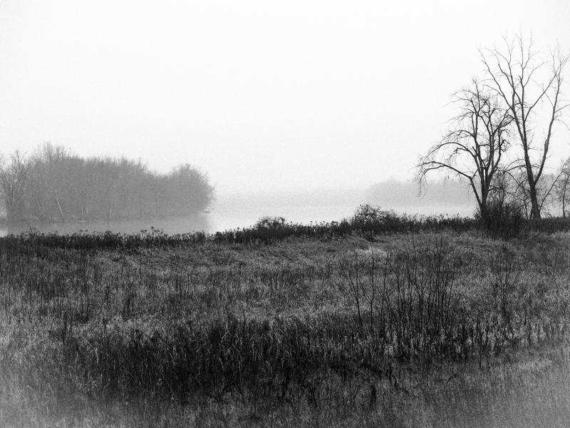 <p>Faux antique photo of a river bank in B&W, in the rain. </p>