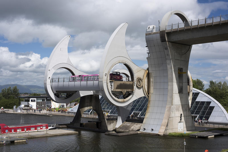 Vessel on the lift on the Falkirk Wheel, Falkirk, Scotland a rotational boat lift connecting two canal systems