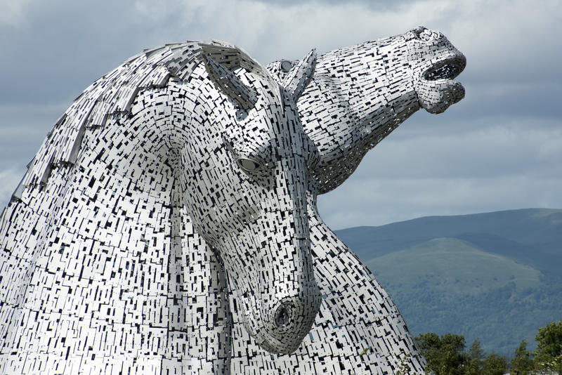 Close Up of The Kelpies Sculpture, a Stainless Steel Monument to Horse Powered Industry Heritage in Scotland, Rearing Horse Heads in The Helix, Falkirk, Scotland