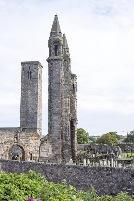Close Up of Ruins of Cathedral of St Andrews with Stone Wall and Cemetery, a Historic Monument and Tourist Attraction in Fife, Scotland