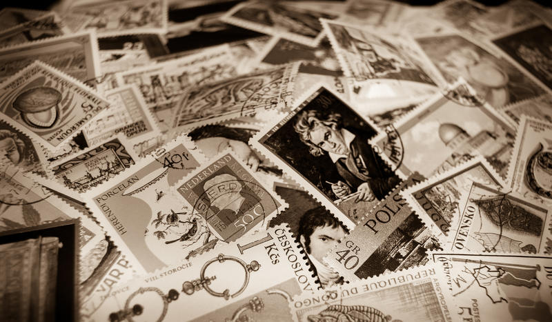 <p>Old black and white postage stamps - editorial use only</p>
Old black and white postage stamps