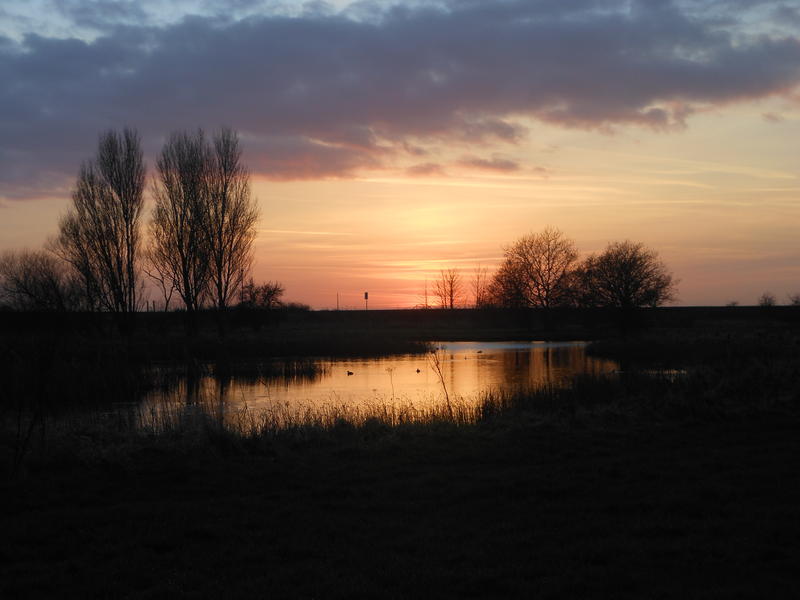 <p>Late December Norfolk UK blazing sunset reflected in frozen pond</p>
