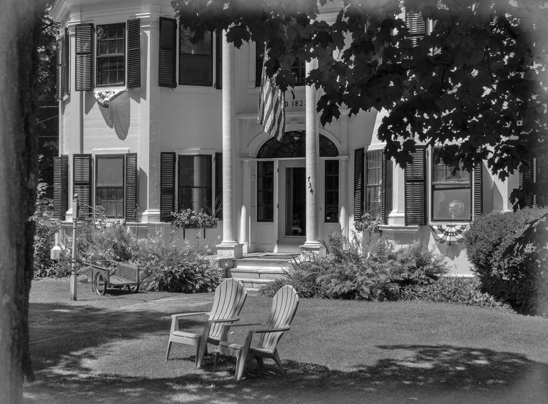 <p>Front entrance to an old Federal style home B&W, B&B. </p>