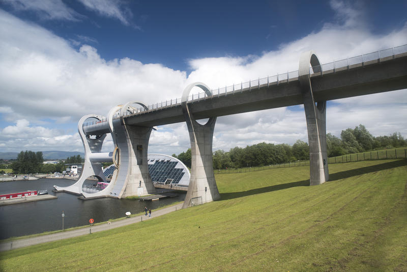 Landscape view of the Falkirk Wheel, Scotland, a rotational boat lift connecting two canal systems at different levels