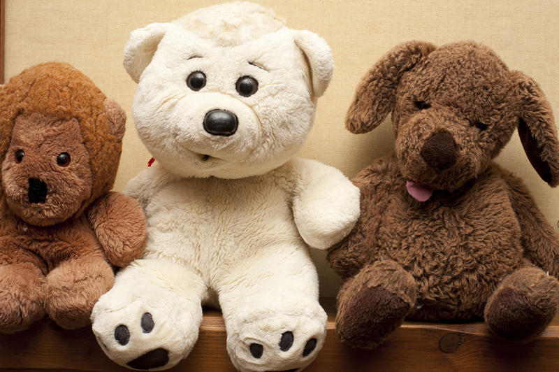 Soft plush toy bears lined up on a shelf with a panda bear in the center flanked by two different brown ones