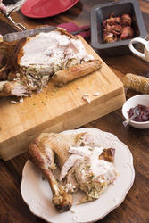 17177   Roast turkey leg carved and served on a plate