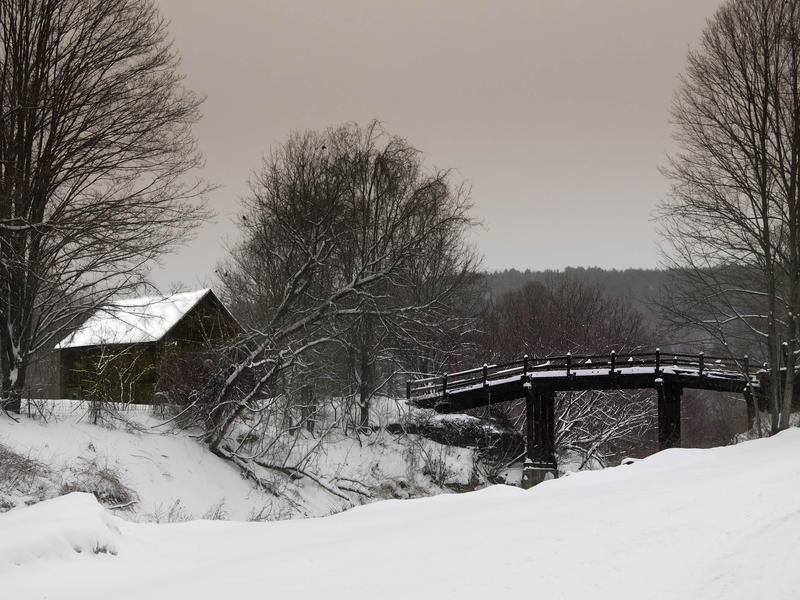 <p>Private bridge to a cabin in the woods in the Winter in rural Vermont.</p>