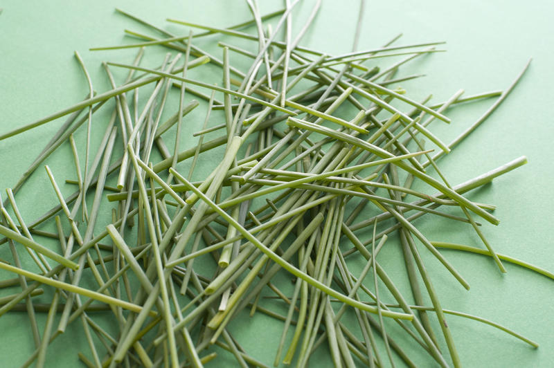 A close up of rough chopped chives on a green background with copy space.