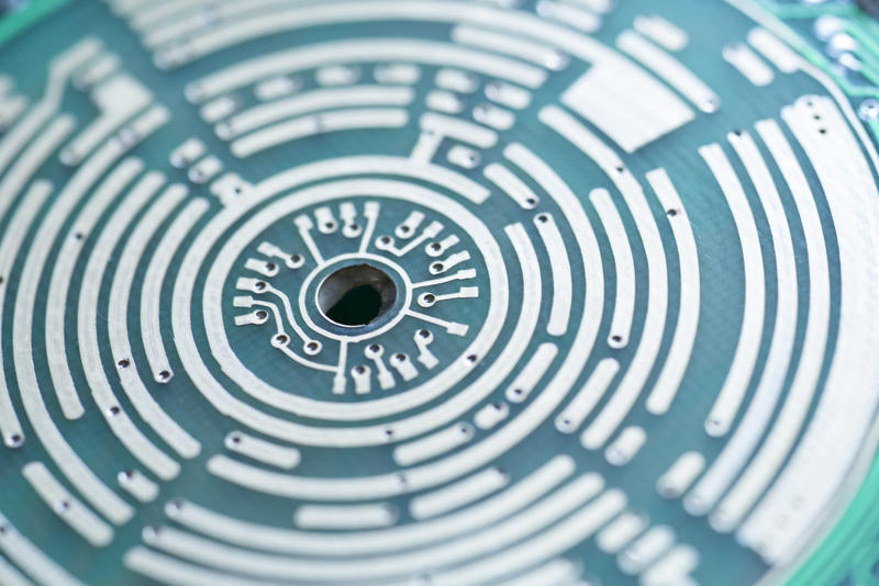 curved concentric copper tracks, a macro image of the workings of an electronic switch