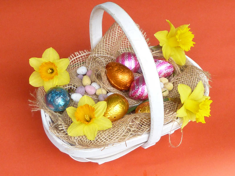 Decorative Easter basket with eggs and colorful yellow spring daffodils on a bed of hessian over a bright orange background