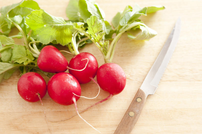 Bunch of fresh crunchy red radishes with leaves on a wooden chopping board with kitchen knife