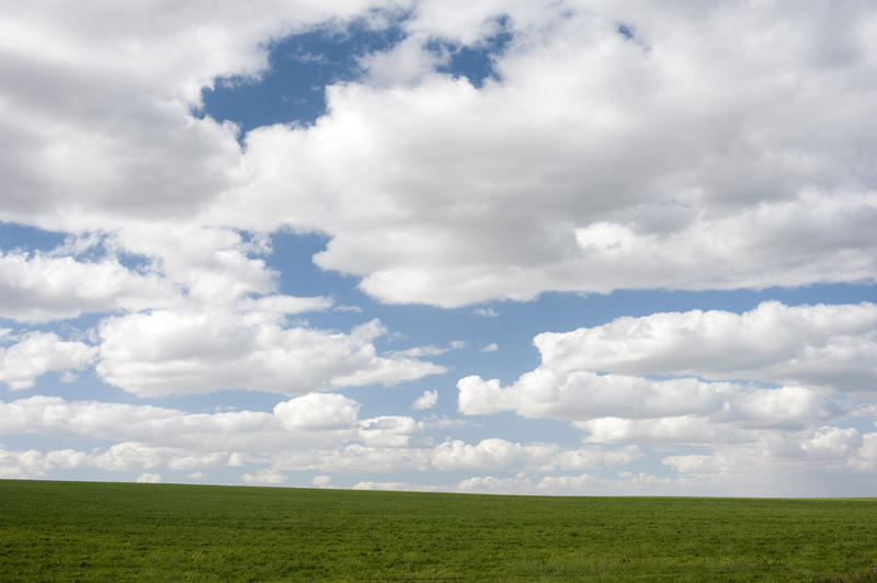 a plain green landscape with clouded sky to the horizon