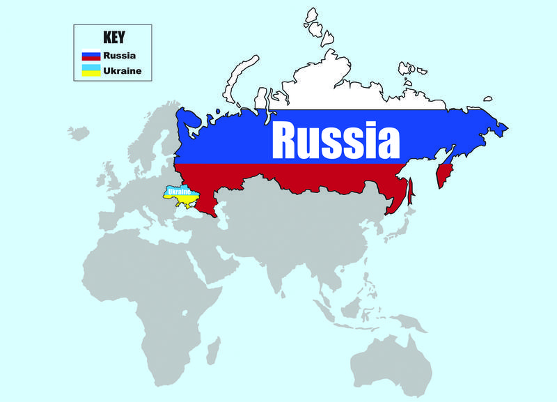<p>Map showing the size of Russia compared to Ukraine and the rest of the world. This is a very simple map but it is to scale.</p>
Map with flags