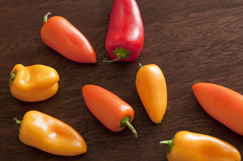 Colourful raw red and orange mini sweet peppers or bell peppers scattered on a wooden kitchen table with copy space