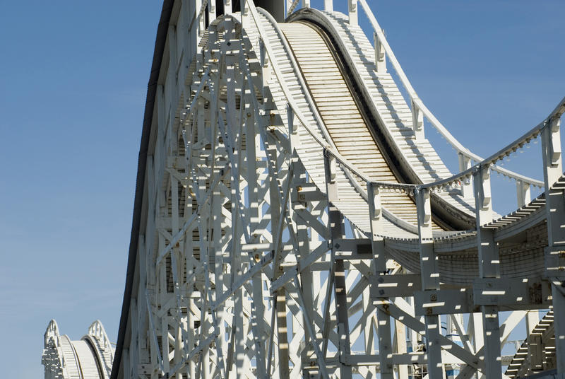 Undulating rollercoaster track with steep inclines and valleys in a close up view on a hill against a blue sky