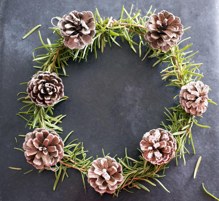 Aromatic herbal rosemary Christmas wreath with pine cones over a dark background with copy space for a seasonal greeting