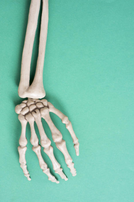 a spooky halloween skeleton arm on a green background