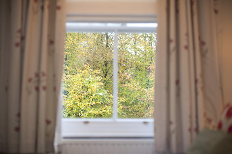 Stuck at Home concept staring out of a window with drapes at the leafy green trees outside in a coronavirus lockdown concept