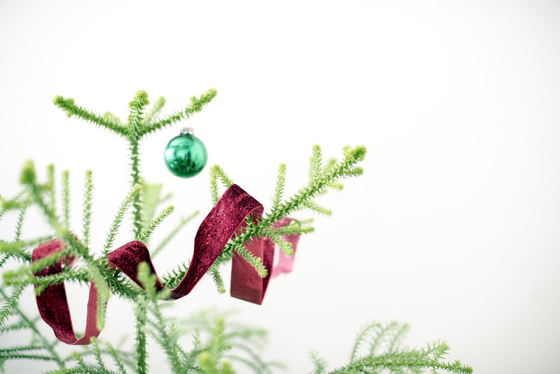 Minimalist green pine Christmas tree with draped red ribbon and single green bauble over a white background with copy space