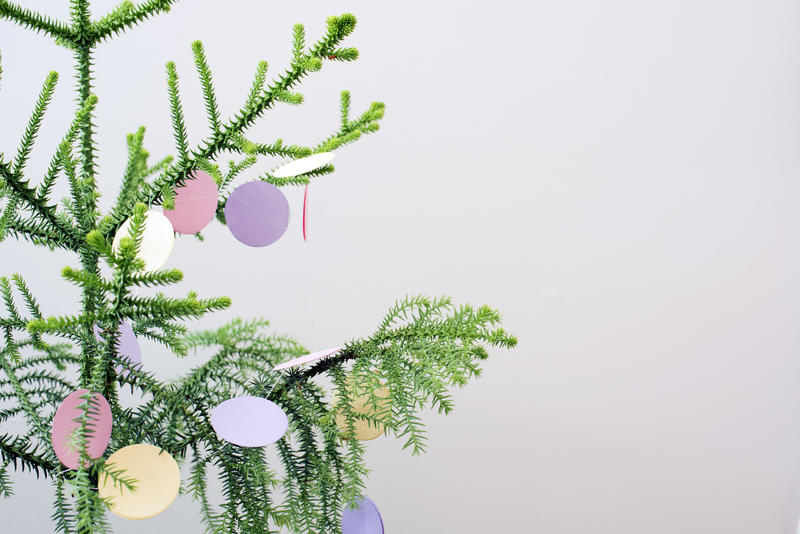 close up on a living christmas tree decorated with environmentally friendly paper decorations
