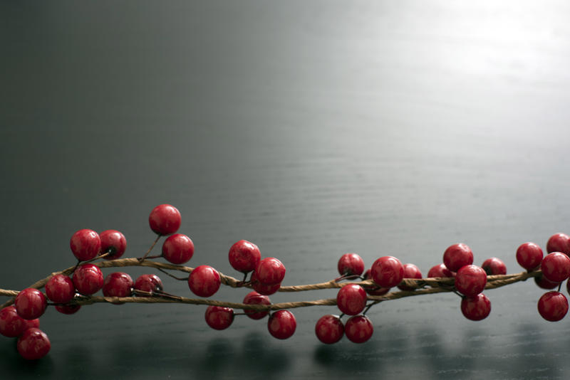 Colourful red Christmas berry border with copy space on a grey graduated background for your seasonal greeting