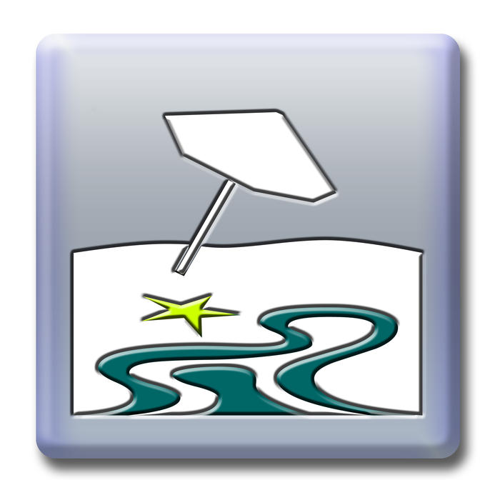 an icon representation of a beach holiday, starfish and sun umbrella