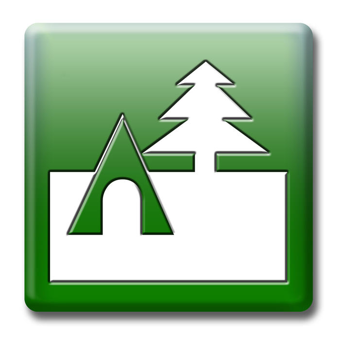 green button icon with a campsite symbol