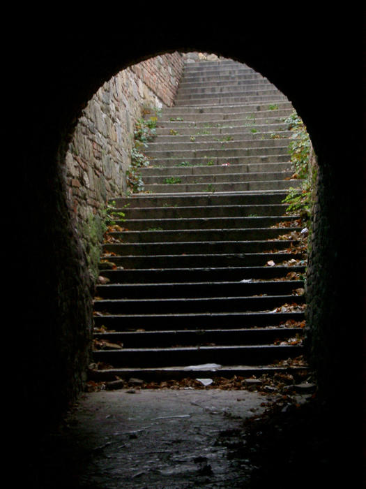 a flight of steps leading through a tunnel, the gate of belgrade castle