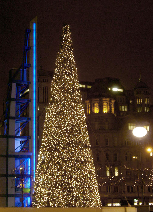 a modern urban christmas tree decoration, central manchester, uk