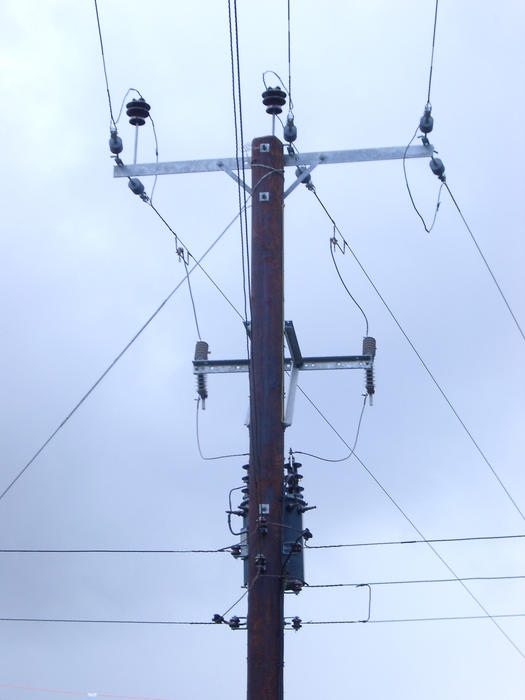 pole mounted electric power transformer and transmission wires