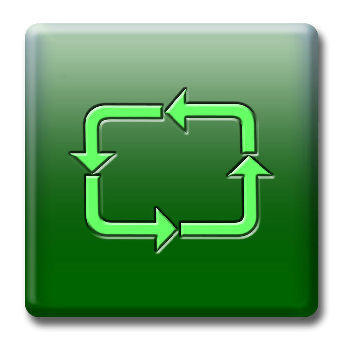 a green button with a recycle and reuse symbol