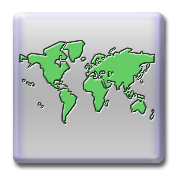 a grey button featuring a world map
