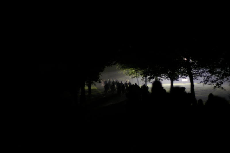 abstract and nightmare style photography, a line of people walking through a park
