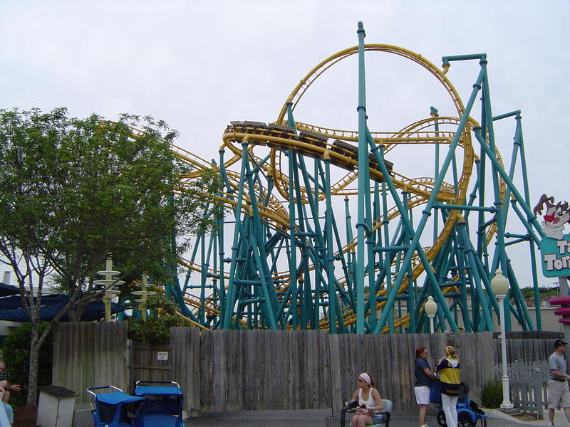 a metal frame rollercoaster and an american theme park - not model released