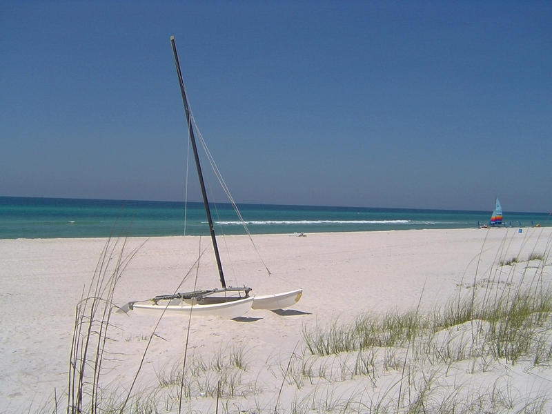 catamaran on a long sandy beach with foreground dune grasses