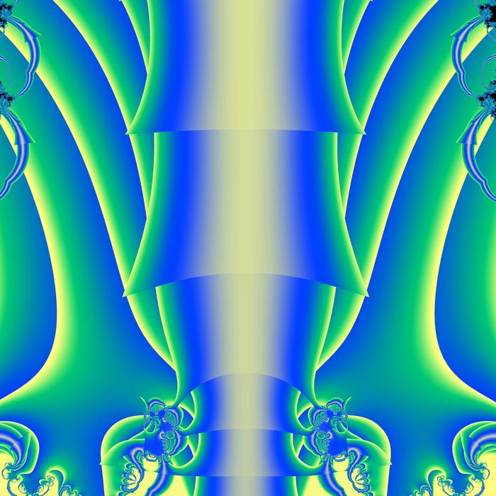 a surrealist fractal image of green yellow and blue colour graduated lines and curves