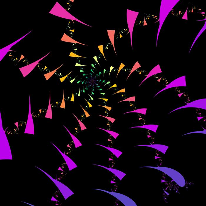 a fractal backdrop of spiraling rainbow coloured cruved triangles