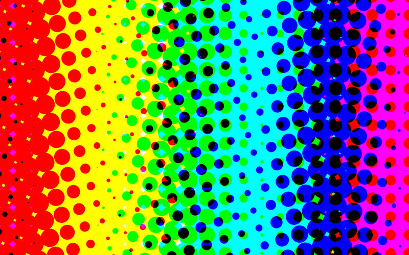 large halftone pattern featuring all colours of the spectrum formed by overlapping the 4 process colours of yellow cyan magenta and black