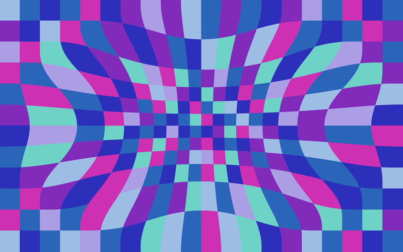 colourful checked background with sunken 'pinch' distortion