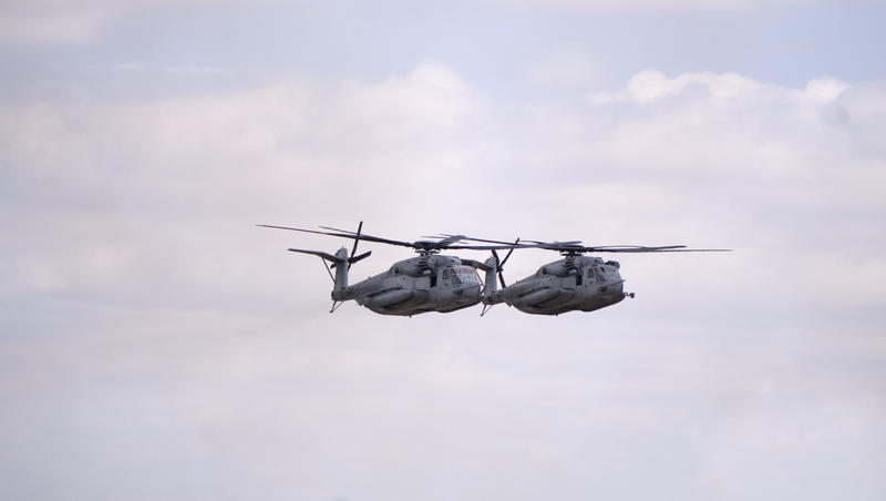 A pair of US Navy Super Stallion Helicopter in flight during an airshow