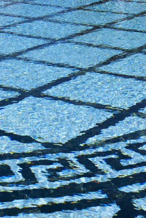 Editorial Use Only: Cyan and black patterned tiles at the bottom of the neptune pool, Hearst Castle