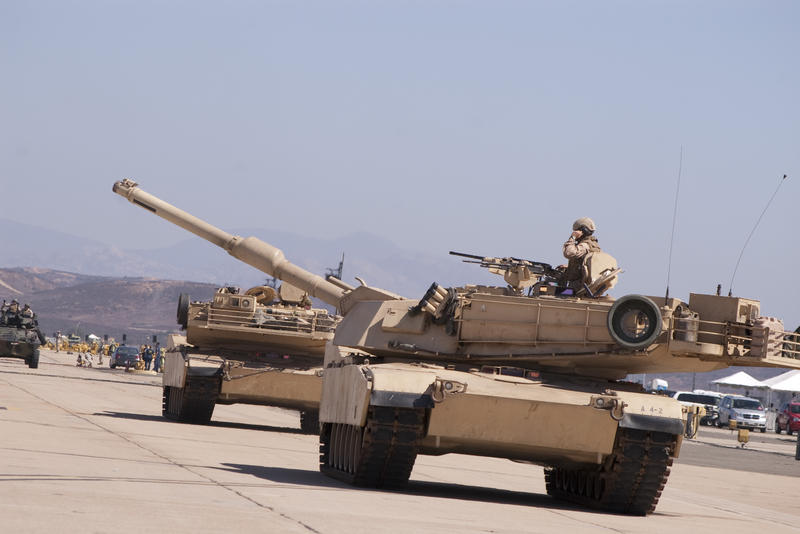 editorial use only : A display of US Army M1 Abrams main battle tank, desert colours